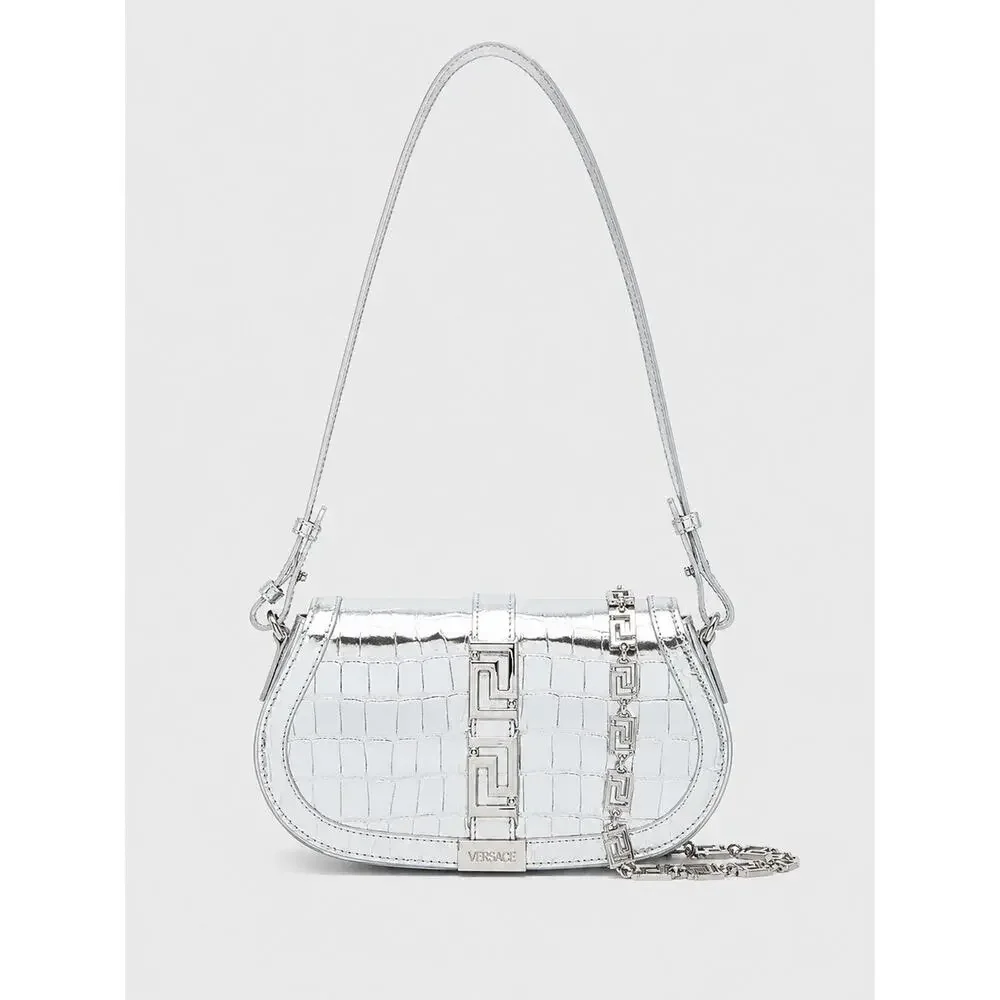 Versace Garcia Croc-Embossed Leather Shoulder Bag Silver New 2900$